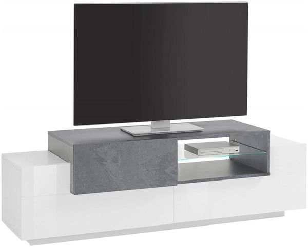 Dmora TV-Schrank Andris, niedriges Wohnzimmer-Sideboard, Fernsehständer-Basis, 100 % Made in Italy, 160 x 45 x 51 cm, glänzendes Weiß und Schiefer, Bild 4