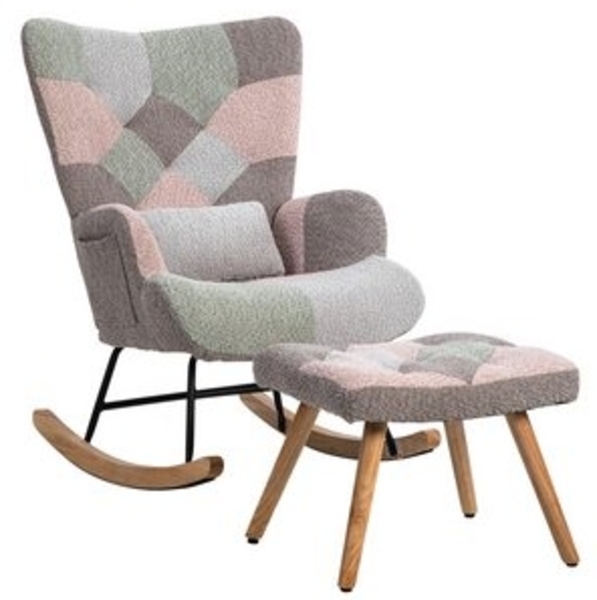 Merax Schaukelstuhl mit Teddyplüsch, Swingsessel mit Holzsockel, Schaukelsessel mit Hocker,Lendenkissen,Bunt Bild 6