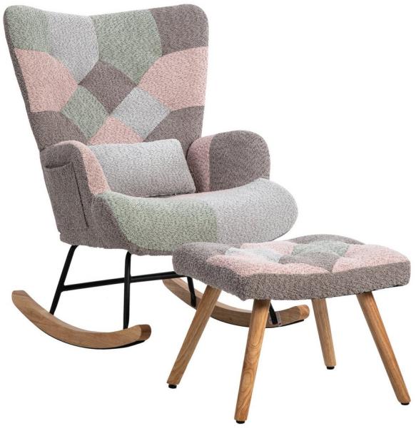 Merax Schaukelstuhl mit Teddyplüsch, Swingsessel mit Holzsockel, Schaukelsessel mit Hocker,Lendenkissen,Bunt Bild 5