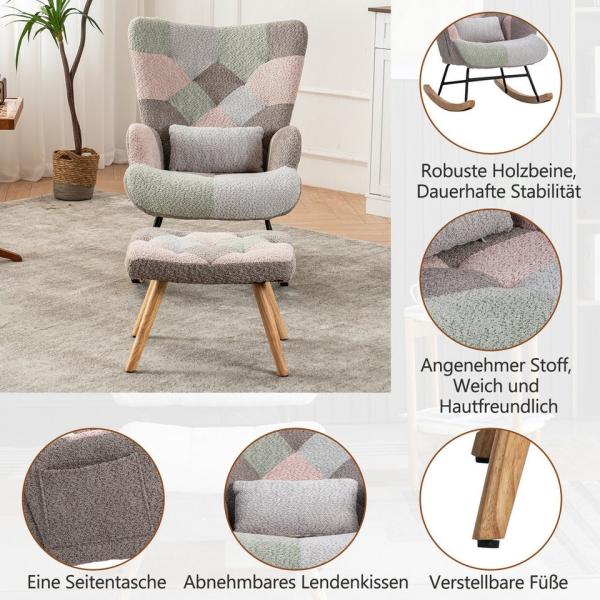 Merax Schaukelstuhl mit Teddyplüsch, Swingsessel mit Holzsockel, Schaukelsessel mit Hocker,Lendenkissen,Bunt Bild 3