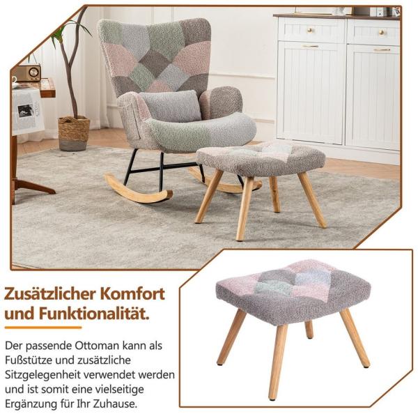 Merax Schaukelstuhl mit Teddyplüsch, Swingsessel mit Holzsockel, Schaukelsessel mit Hocker,Lendenkissen,Bunt Bild 2