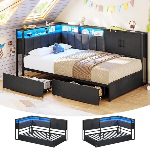 KIMENICH Polsterbett Schlafsofa mit LED-Beleuchtung, Jugendbett mit 2 Schubladen (1-tlg, Ohne Matratze), Kopfteil mit offenem Regal und Schrank, 90x190 cm