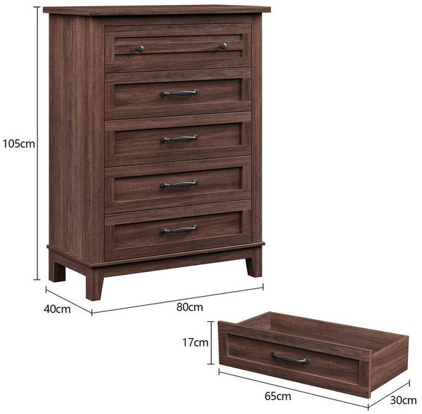 GarveeMore Schubkastenkommode Retro Highboard Schubkastenkommode Hochkommode Kombikommode Vertiko, 5 Schubladen Holzkommoden Nachtkommode großem Stauraum, 40×80×105 cm