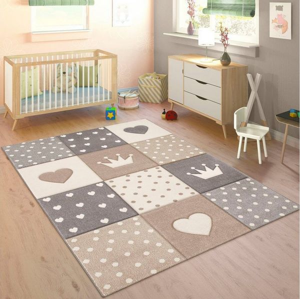 Paco Home Kinderteppich Cosmo 339, rechteckig, Höhe: 16 mm, Kurzflor, Pastell-Farben, 3D-Effekt, Motiv Herz, Punkte & Krone