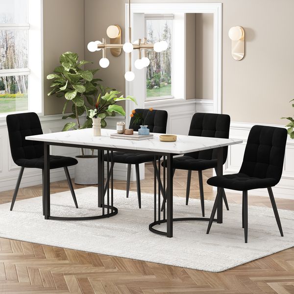 Essgruppe 5-tlg, Esstisch 140x80x75 cm & 4 schwarze Samtstühle