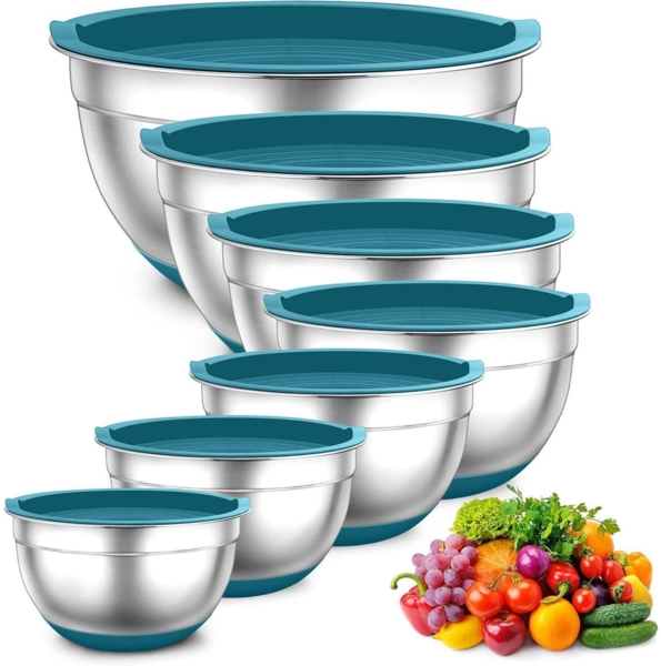 TEAMFAR Rührschüssel Set 7tlg Edelstahl Salatschüssel Luftdichten Deckel 0,7L
