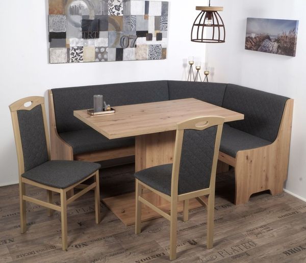 Eckbank Eckbankgruppe BREMEN mit Säulentisch Artisan Eiche - Stoff Grau