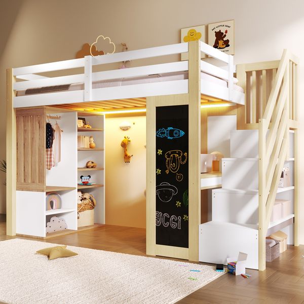 Merax Hochbett 90x200cm, Einzelbett mit Schreibtisch, Regalen, Kleiderschrank, Aufbewahrungsleiter, Tafel und LED-Beleuchtung, Weiß+Natur