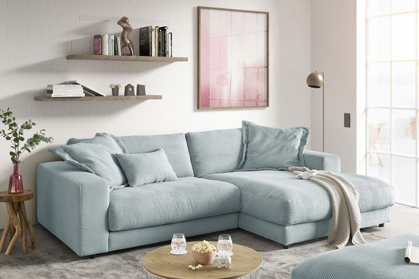 KAWOLA Sofa MADELINE Ecksofa Cord hellblau Longchair rechts 85 x 190 x 270 cm