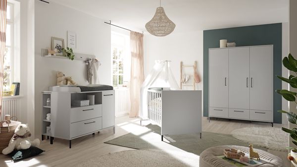Babyzimmer Olaf 8 teiliges Kinderzimmer Komplett Set in Kreidegrau matt Lack und Anthrazit inklusive Matratze