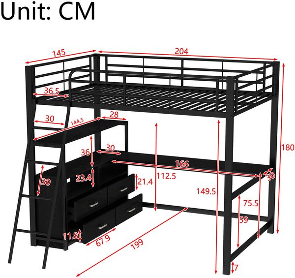 Bett 140x200 cm mit L-Schreibtisch und Schubladen – Hochbett mit Metallrahmen, Schwarz Bild 7