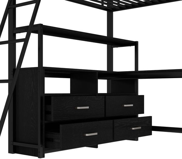 Bett 140x200 cm mit L-Schreibtisch und Schubladen – Hochbett mit Metallrahmen, Schwarz Bild 10