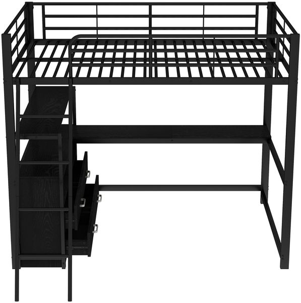 Bett 140x200 cm mit L-Schreibtisch und Schubladen – Hochbett mit Metallrahmen, Schwarz Bild 9