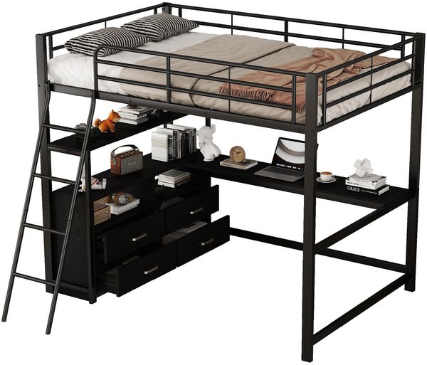 Bett 140x200 cm mit L-Schreibtisch und Schubladen – Hochbett mit Metallrahmen, Schwarz Bild 6