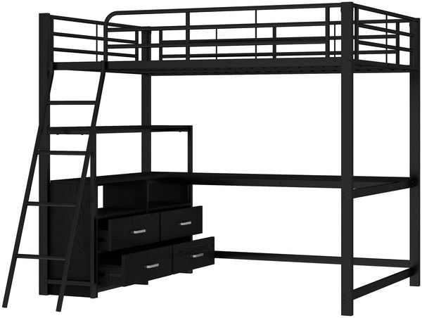 Bett 140x200 cm mit L-Schreibtisch und Schubladen – Hochbett mit Metallrahmen, Schwarz Bild 8