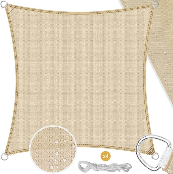 KESSER® Sonnensegel Sonnenschutz Windschutz | HDPE Gewebe | wasserabweisend & windabweisend | 5-Fach quer vernäht robust & stabil Schattenspender Garten Balkon Terrasse Quadrat, Creme, 2x2m