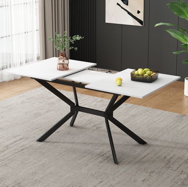 Erweiterbarer Esstisch, 120/160x80x75 cm, weiß mit schwarzen Metallbeinen