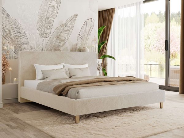 Design Polsterbett LUMARO CLASSIC 140 x 200 cm mit Lattenrost & 12cm hohen Füßen, Doppelbett mit Kopfteil, Konfigurierbar, Foam Matratze - Creme Plüsch - MIRO LUX