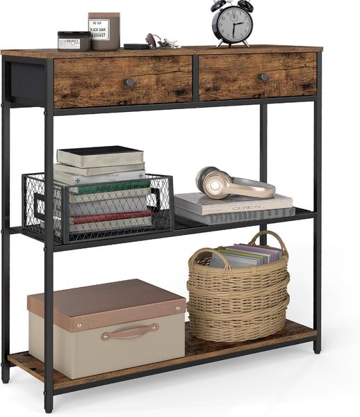 VASAGLE Konsolentisch schmal, Beistelltisch mit 2 Stoffschubladen, Flurtisch, 24 x 76 x 80 cm, für Flur, Wohnzimmer, vintagebraun-tintenschwarz