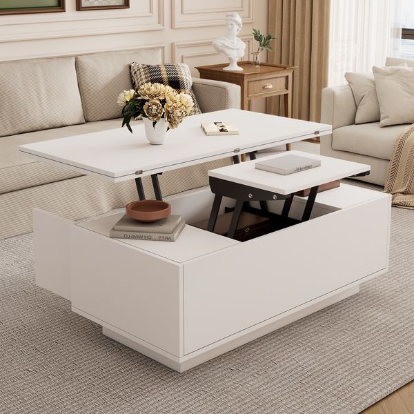 Couchtisch 100 x 50 x 43 cm in Weiß, mit 2 Hebeplatten und verstecktem Stauraum