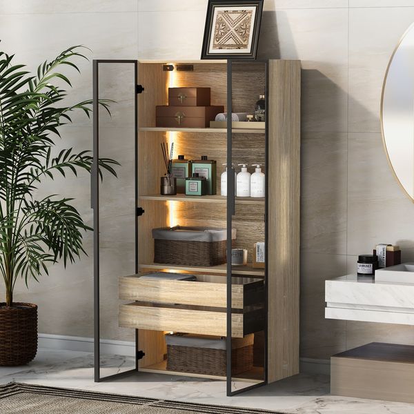 Wandschrank mit LED-Beleuchtung und Milchglas-Türen, Hängeschrank oder Standregal, Stauraumschrank in Holzoptik mit Farbwechsel-Licht