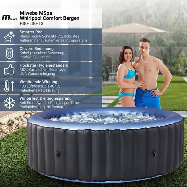 mSpa Whirlpool Comfort Bergen aufblasbar C-BE062 für 6 Personen, Selbstaufblasendes System, aufgeblasen in 5 Minuten, (Whirlpool outdoor für 6 Personen, Pool, Schnellheizsystem, UV-C-Wasserreinigung, Anti-Frost-System), PRCD-Schutzschaltung, Selbstaufb...