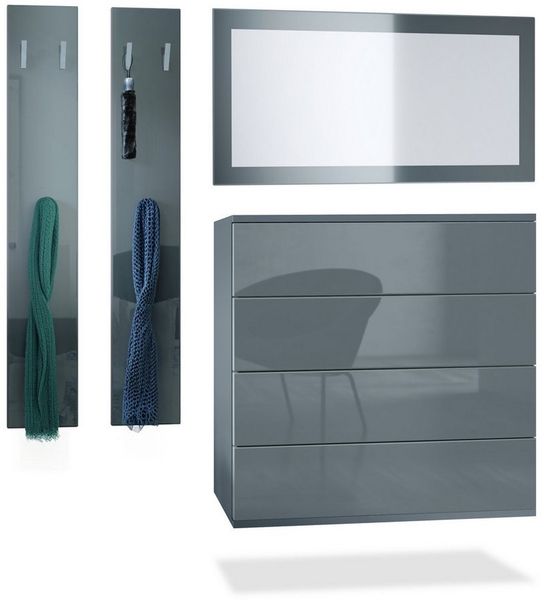 Vladon Garderoben-Set Horizon, (Garderoben-Set, bestehend aus 1 Kommode, 1 Spiegel und 1 Wandpaneel), Anthrazit matt/Grau Hochglanz