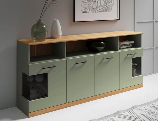 OTTO home Sideboard Ribe,180cm breit,80cm hoch, 9 Fächer, Oberplatte Eiche massiv,schwarze Metall Griffe,2 Türen mit Glaseinsatz