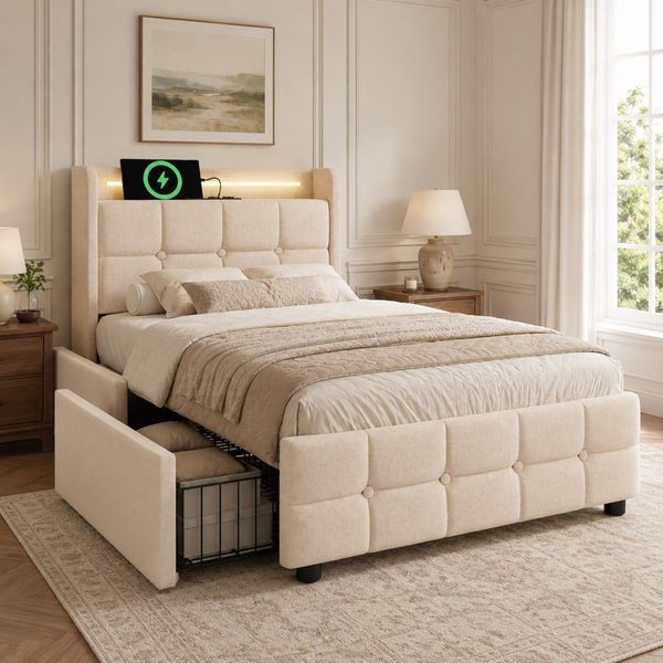 Merax Polsterbett 90x200cm, Einzelbett mit aufladen USB Ladefunktion Kopfteil und LED-Beleuchtung und 2 Schubladen, Beige