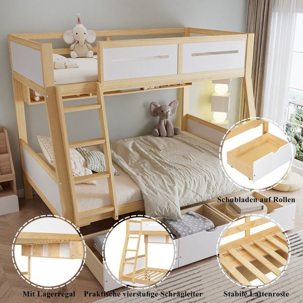 REDOM Etagenbett mit 3 Rollschubladen, 2m Bücherregal, sicherer Umzäunung (Kinder-Holzbett, Kinderbett, 90x200 & 120x200 cm), ohne Matratze