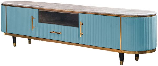 KAWOLA Lowboard MARIA TV-Bank Marmorplatte Kunstleder hellblau 45 x 40 x 200 cm Bild 3