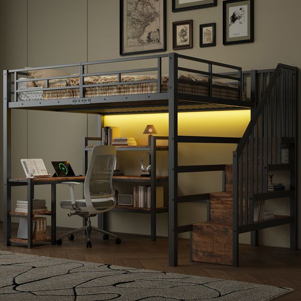Merax 140x200cm Hochbett, Kinderbettmit Treppe, integriertem Schreibtisch, Staufächern, USB-Ladestation und LED-Licht, Schwarz