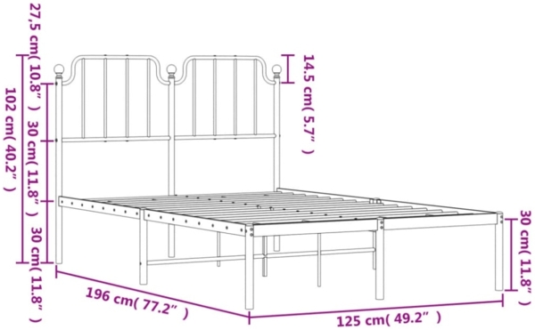 vidaXL Bettgestell mit Kopfteil, Metall, Weiß, 120x190 cm Bild 3
