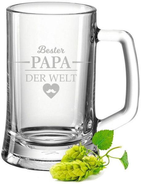 GRAVURZEILE Bierkrug mit Gravur - Bester Papa der Welt - Geschenk für Männer, Glas, ideal als Vatertagsgeschenk - 0,5l Bierglas als Geburtstagsgeschenk