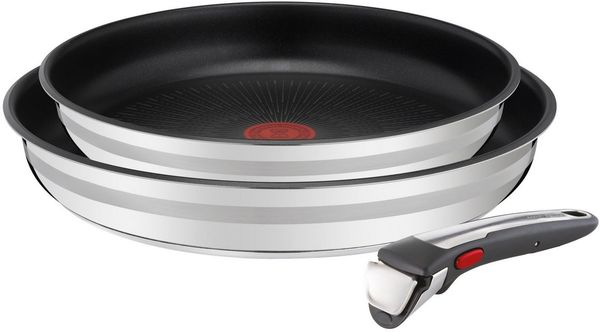 Tefal Jamie Oliver 3-teiliges Ingenio Pfannen-Set, 1 abnehmbarer Griff, 2 Antihaft-Pfannen, Edelstahl, Induktion, ofenfest, platzsparend, L9769173