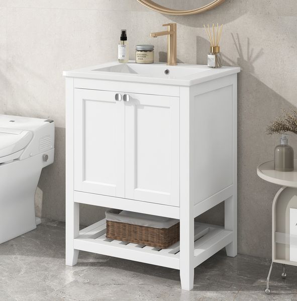 Waschtischunterschrank mit Keramikbecken, 61 x 46 x 90 cm – stehendes Badmöbel in Weiß aus Massivholz und MDF