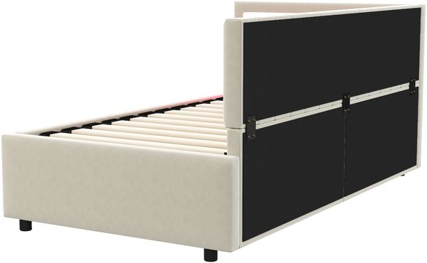 Merax Polsterbett Schlafsofa 90x200, mit LED-Beleuchtung und hydraulischem Stauraum, klassisches vertikales Streifendesign, seitliche Kopfteile mit austauschbaren Positionen, Lattenrost, Samtstoff, Beige Bild 7