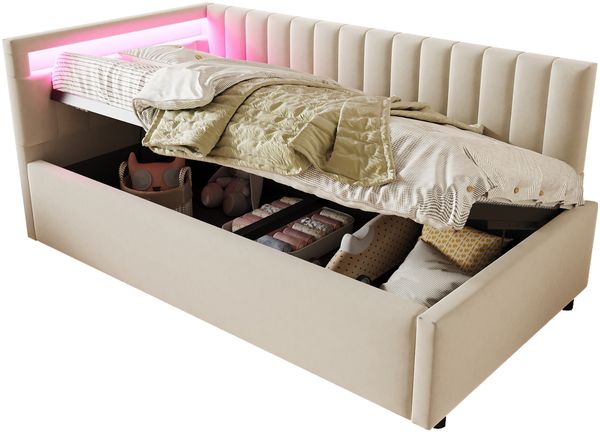 Merax Polsterbett Schlafsofa 90x200, mit LED-Beleuchtung und hydraulischem Stauraum, klassisches vertikales Streifendesign, seitliche Kopfteile mit austauschbaren Positionen, Lattenrost, Samtstoff, Beige Bild 10