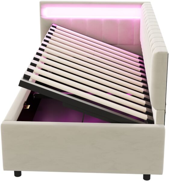 Merax Polsterbett Schlafsofa 90x200, mit LED-Beleuchtung und hydraulischem Stauraum, klassisches vertikales Streifendesign, seitliche Kopfteile mit austauschbaren Positionen, Lattenrost, Samtstoff, Beige Bild 8