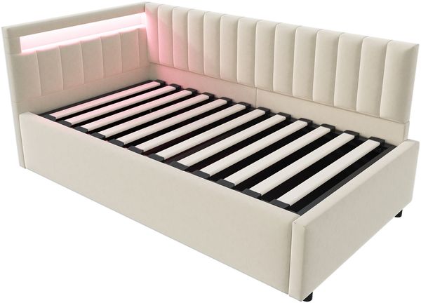 Merax Polsterbett Schlafsofa 90x200, mit LED-Beleuchtung und hydraulischem Stauraum, klassisches vertikales Streifendesign, seitliche Kopfteile mit austauschbaren Positionen, Lattenrost, Samtstoff, Beige Bild 9