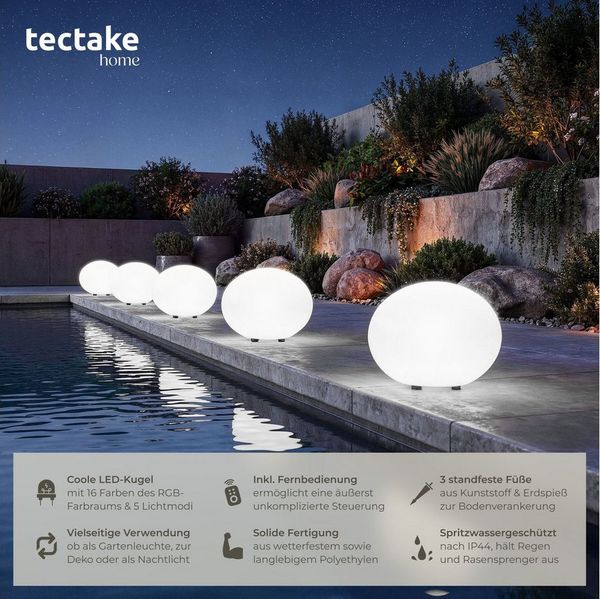 tectake LED Gartenleuchte Kugelleuchte Luminous Eye, LED, mit Fernbedienung, LED, Bunt, Stylische LED-Kugel mit 3 Standfüßen und indirekter Beleuchtung