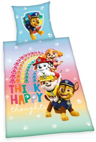 JACK Kinderbettwäsche 135x200cm Paw Patrol Hunde Regenbogen Streifen Herding, Renforcé, 2 teilig, Chase, Rubble, Marshall, Skye und Everest Superhelden, mit Knopfleiste