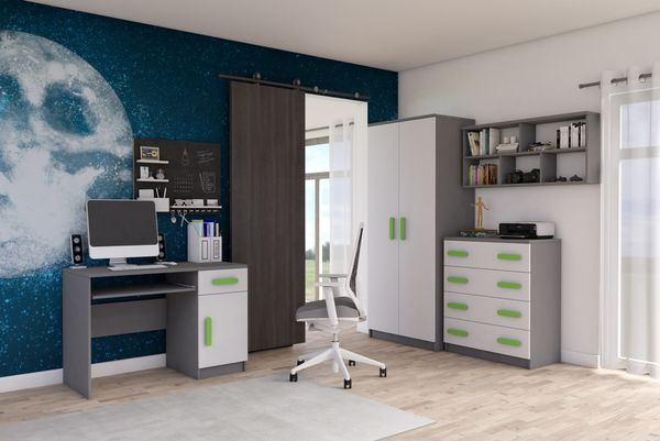 Jugendzimmer Elora 4 teilig in Grau und Weiß – mit Schreibtisch, Kommode, Wandregal und Schrank – in 8 verschiedenen Grifffarben wählbar - 4 teilig , Limette