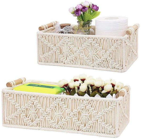 HEYHIPPO Aufbewahrungsbox 2er-Set Aufbewahrungskörbe Boho, handgeflochten mit Griffen, weiß (Handgewebter Aufbewahrungskorb aus Baumwollseil,platzsparend&praktisch), Großer Baumwollseil-Korb, ideal für Schreibtisch und Aufbewahrung