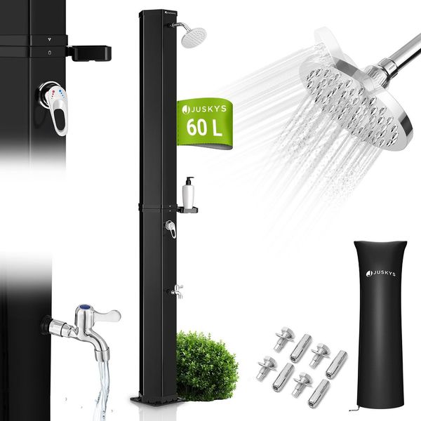 Juskys Solardusche Victoria 60 Liter - 217 cm - bis 60°C – mit schwenkbarem Duschkopf, Fußdusche & Gartenschlauch Anschluss Gartendusche Außendusche