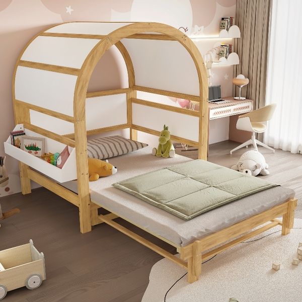 Novelux Kinderbett 140x200 Hausbett mit Ausziehbett und Ablage – Kiefer+MDF Weiß/Natur, Dachbett Kinderzimmer, Lattenrost, ohne Matratze