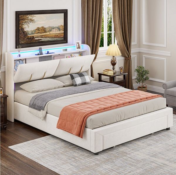 PXloue Stauraumbett Polsterbett Doppelbett (Kopfteil mit verstecktem Stauraum und Ladefunktion), mit RGB-LED-Beleuchtung und Stauraum - 160x200 cm