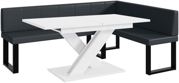 MEBLINI Eckbank für Esszimmer mit ausziehbarem Tisch - Küchenbank - Essecke - Sitzecke Küche - PETER - U-Beine 142x196x87cm Rechts - Dunkelgrau Kunstleder/B Weiß Matt