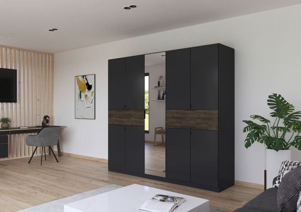 rauch Kleiderschrank, Drehtürenschrank TICAO, 9-türig, 1 Spiegeltüre, 2 Schubkästen, inkl. Türdämpferset, Grau metallic/Atlantik Oak dunkel, 226 x 210 x 54 cm