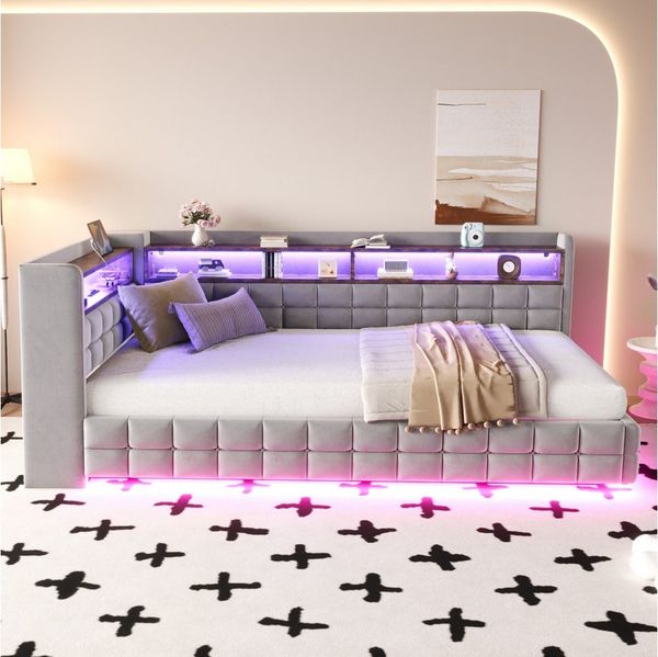 Merax Daybett mit LED-Beleuchtung und USB-Ladeanschlüssen (Jugendbett Kinderbett Einzelbett Sofabett aus Samtstoff, 1 tlg), Polsterbett Tagesbett 90x200cm mit hydraulischem Stauraum & Staufächer